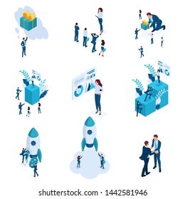 Large Isometric set of business concepts of startup creation and development, data analysis, data management. Vector illustration