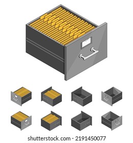 Large isometric set of drawers with documents. Isometric iron drawer from an old cabinet with secret documents. Saving data on paper. Vector illustration in cartoon style. Office furniture.