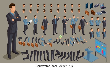 Large isometric Set of gestures of hands and feet 3D character businessman. Create your person office worker, walks around or sits for vector illustrations.