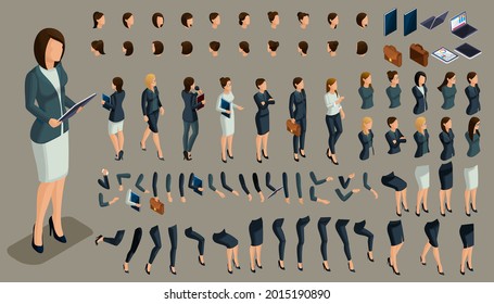 Large isometric Set of gestures of hands and feet of a woman 3d business lady. Create your own isometric character for an office worker for vector illustrations