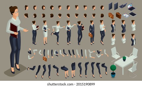 Large isometric Set of gestures of the hands and feet of a woman, to create a 3D business lady character strict suit. Create your isometric person for vector illustrations