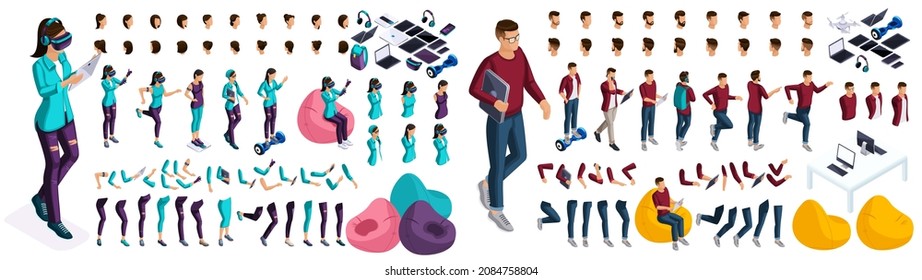 Large isometric Set of gestures of hands and feet girls and guys 3d teenager, gamer, student. Create your isometric character for vector illustrations