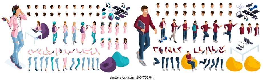 Large isometric Set of gestures of hands and feet of a woman and men 3D teenager, student, startup. Create your isometric character for vector illustrations.