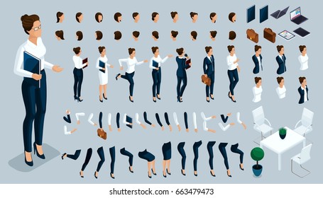 Large Isometric Set Of Gestures Of The Hands And Feet Of A Woman, To Create A 3D Business Lady Character Strict Suit. Create Your Isometric Person For Vector Illustrations.