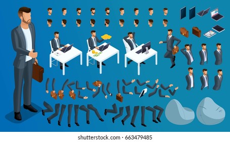 Large isometric Set of gestures of hands and feet of men, 3D character businessman. Create your own isometric person who walks around or sits for vector illustrations.