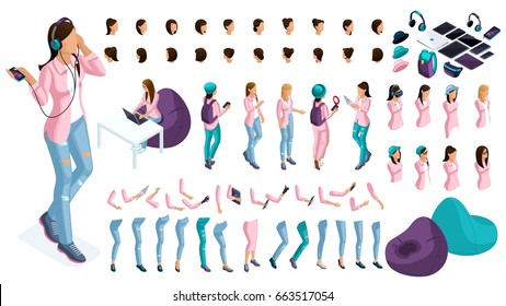 Large isometric Set of gestures of hands and feet of a woman 3d business lady. Create your own isometric character for an office worker for vector illustrations