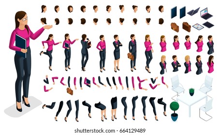 Large isometric Set of gestures of hands and feet of a woman 3d business lady. Create your own isometric character in stylish clothes, an office worker for vector illustrations.