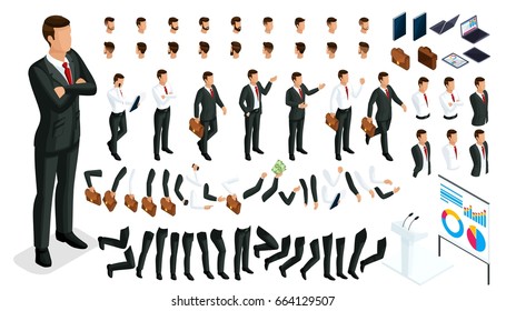 Large Isometric Set Of Gestures Of Hands And Feet 3D Character Businessman. Create Your Person Office Worker, Walks Around Or Sits For Vector Illustrations.