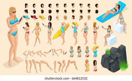 Gran conjunto isométrico de gestos de manos y pies 3d chica. Crea tu personaje turista de vacaciones, una chica en traje de baño para ilustraciones vectoriales de verano
