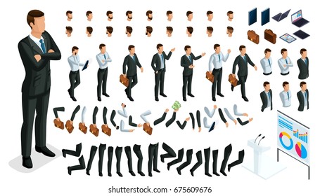 Large isometric Set of gestures of hands and feet of men, 3D character businessman. Create your own isometric office worker walks around or sits for vector illustrations.