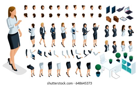 Large isometric Set of hand and foot gestures of a woman, to create a 3D business lady character. Create your isometric person for vector illustrations