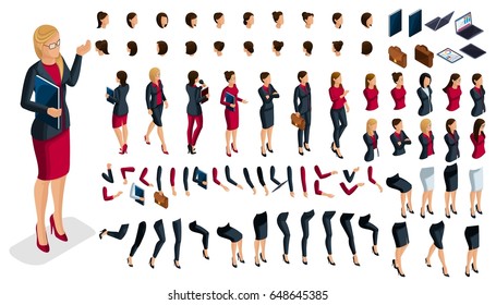 Large isometric Set of hand and foot gestures of a woman, to create a 3D business lady character. Create your isometric office worker for vector illustrations