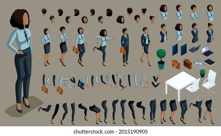 Large isometric Set of hand gestures and legs of African American woman 3d business lady. Create your isometric office worker for vector illustrations