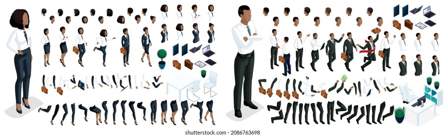 Large isometric Set of hand gestures and legs of African American woman and men 3d business lady. Create your isometric office worker for vector illustrations.