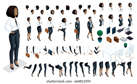 Large isometric Set of hand gestures and legs of African American woman 3d business lady. Create your isometric office worker for vector illustrations