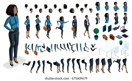 Large isometric Set of hand gestures and legs of African American woman 3d business lady. Create your isometric office worker for vector illustrations.