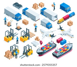 large isometric set of transport and workers for cargo transportation and warehouse work, in color on a white background, trucks and train as well as plane and ship