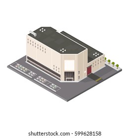 Large Isometric Vector Factory Warehouse.
Vector manufacturing production facility with vehicle parking spaces.