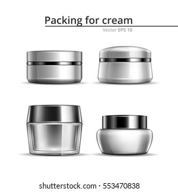 Large jar of cream for the body. A set of cosmetic, plastic and glass packaging design. Vector illustration
