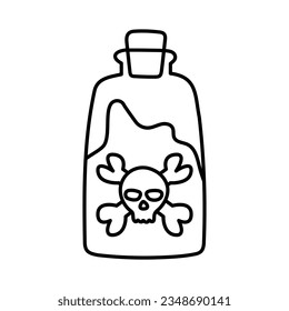 A large jar of potion, and a human skull. Glass bottle with cork. 