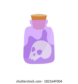 A large jar of potion, purple liquid, and a human skull. Glass bottle with cork. Vector illustration in flat style is ideal for animation or design of a mobile application for Halloween.