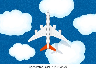 Large jet passenger airplane flies above sky clouds and sea with ripples. Civil aviation flying plane top view. Flat vector illustration