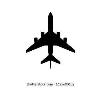 Large jet passenger airplane with four engines black icon. Civil aviation flying plane top view. Flat vector illustration