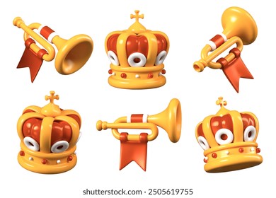 Large jeweled crown, trumpet with royal red flag. Set of realistic templates in different positions