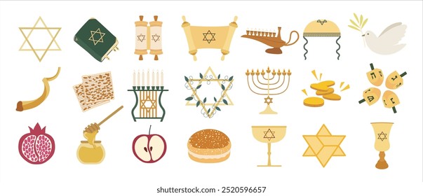 Grande conjunto judaico com Tanakh, Estrela de David, Torah Scroll, Menorah, Dreidel, Shofar e outros símbolos de férias tradicionais.