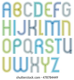 Large jolly colorful striped uppercase letters with rounded corners.