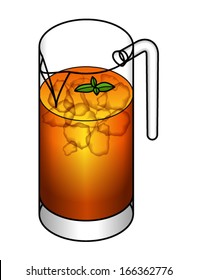 A large jug of iced tea with a sprig of mint.