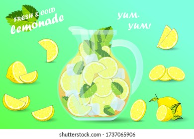 Large jug of lemonade. Against the background of a lemon in different positions. Hand drawn lemonade. Lemon juice bubble drink