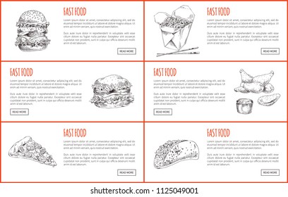 Large juicy burger and cheesy pizza, Chinese noodles and chopsticks, chicken nuggets with dip and stuffed taco. Sketch style landing pages vector set.