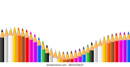 Large juxtaposed colored pencils form a wave from the bottom left to the right