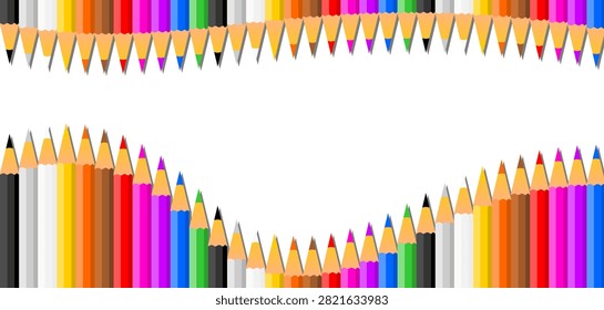 Large juxtaposed colored pencils form waves at the top and bottom from left to right