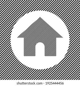 A large kennel symbol in the center as a hatch of black lines on a white circle. Interlaced effect. Seamless pattern with striped black and white diagonal slanted lines