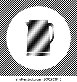 A large kettle symbol in the center as a hatch of black lines on a white circle. Interlaced effect. Seamless pattern with striped black and white diagonal slanted lines