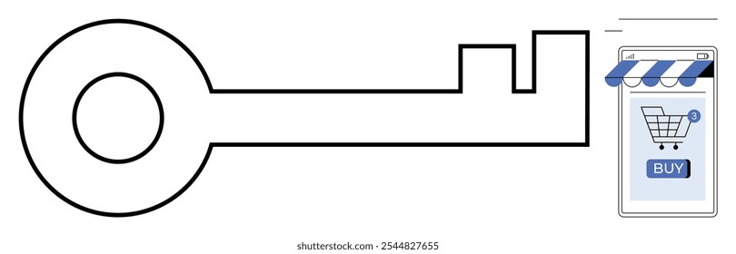 Large key pointing towards smartphone with storefront and shopping cart indicates access to online shopping. Ideal for e-commerce, online security, mobile apps, convenience, technology. Modern