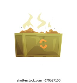 Large khaki and orange dumpster full of rubbish, waste processing and utilization cartoon vector Illustration