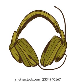 Large khaki studio headphones. Sketch in cartoon style. Icon, emblem. Vector illustration