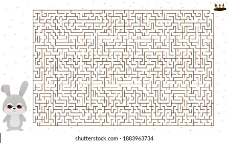 Large kid maze with cute rabbit character in cartoon style, help to find way to carrrot, children book activity, riddle with bunny