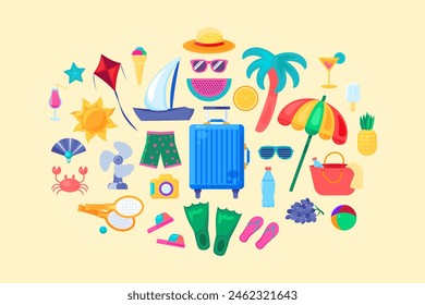 Grande kit de ropa de playa y accesorios, vestuario y artículos de entretenimiento. Colección de íconos de ropa y comida en colores brillantes de verano. Conjunto de símbolos multicolores aislados sobre fondo blanco