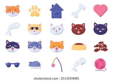 Large kit of funny cat faces, food, toys and accessories for pet. Collection of kitty stickers in cozy light colors. Set of multicolored icons and symbols isolated on white background