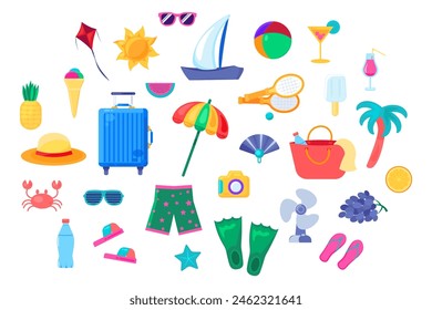 Large kit of items for beach resort holidays. Collection of accessories and clothing, sports equipment and travel supplies. Set of multicolored icons and symbols isolated on white background