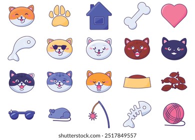 Grande kit de accesorios para el cuidado de mascotas, caras de gatos divertidos y juguetes. Colección de avatares de gatitos con diferentes expresiones faciales. Conjunto de iconos multicolores y símbolos aislados sobre fondo blanco