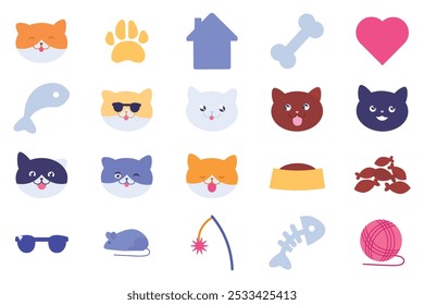 Grande kit de accesorios para el cuidado de mascotas, caras de gatos divertidos y juguetes. Colección de avatares de gatitos con diferentes expresiones faciales. Conjunto de iconos multicolores y símbolos aislados sobre fondo blanco