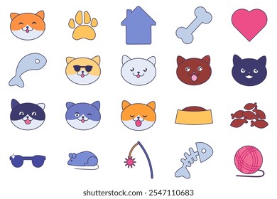 Grande kit de accesorios para el cuidado de mascotas, caras de gatos divertidos y juguetes. Colección de avatares de gatitos con diferentes expresiones faciales. Conjunto de iconos multicolores y símbolos aislados sobre fondo blanco