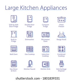Large kitchen appliances concept. Home gas oven hob, induction cooktop, fridge, range hood, sink, faucet thin line icons set. Modern household equipment isolated linear vector illustrations