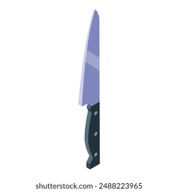 Grande cuchillo de cocina con un mango negro está apuntando hacia arriba en una vista isométrica