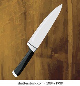 Large kitchen knife vector with a wooden board background
